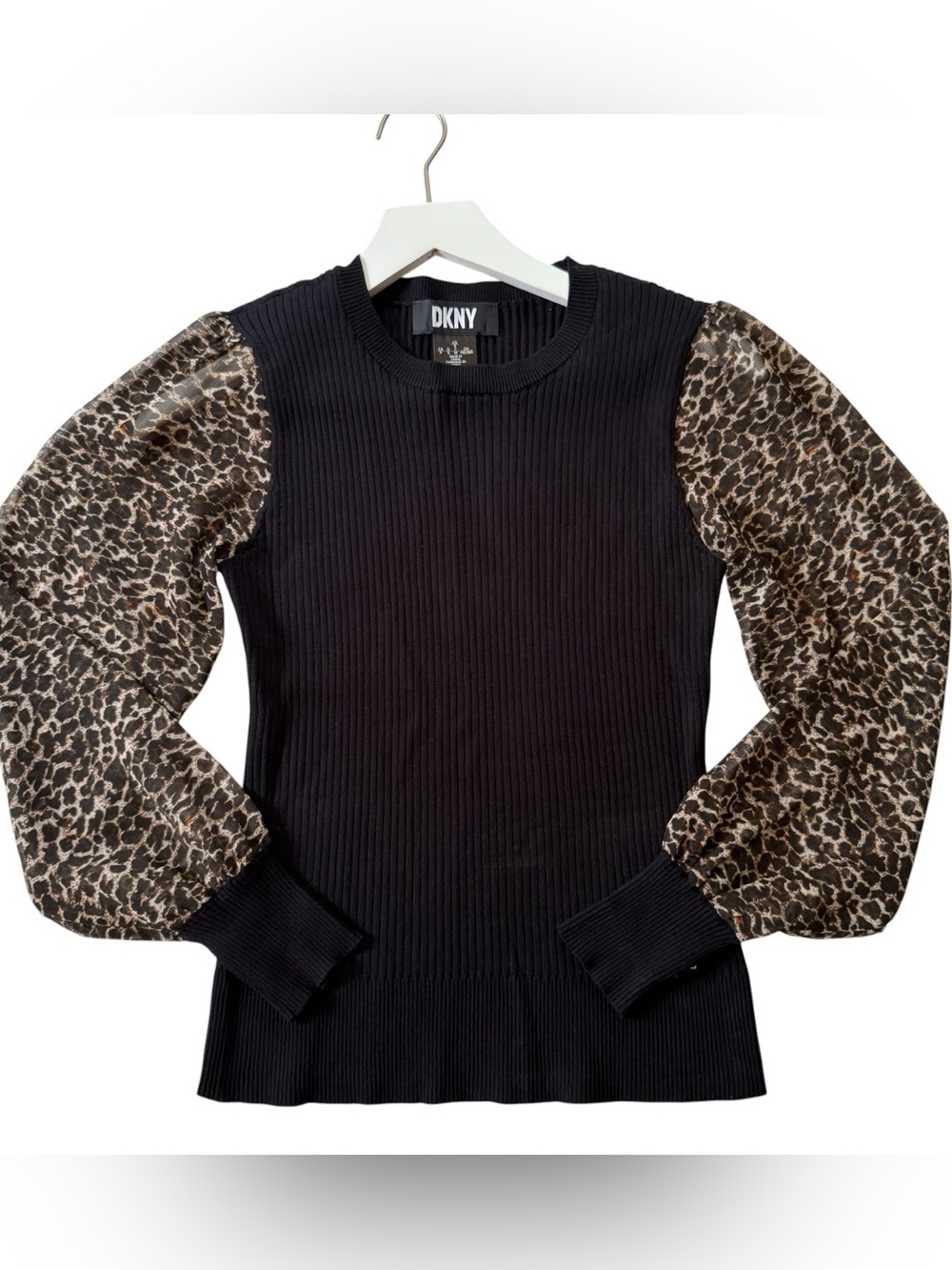 DKNY Women's Sweater Size Small Black Ribbed Sheer Leopard Long Sleeve Top - Picture 10 of 10